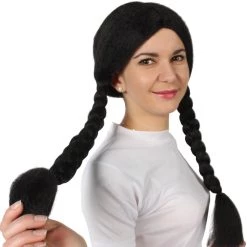 BC Adult Women's Black Color Braided Pigtails Shoulder Length Trendy Wednesday Wig | Breathable Standard Cap 17 BC Adult Women's Black Color Braided Pigtails Shoulder Length Trendy Wednesday Wig | Breathable Standard Cap