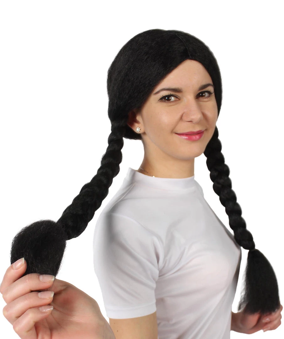 BC Adult Women's Black Color Braided Pigtails Shoulder Length Trendy Wednesday Wig | Breathable Standard Cap 7 BC Adult Women's Black Color Braided Pigtails Shoulder Length Trendy Wednesday Wig | Breathable Standard Cap