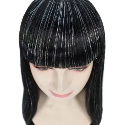 HPO Womens Long Black 90's Bob With Silver Tinsel Highlights | Halloween Rave Wig | Premium Breathable Capless Cap