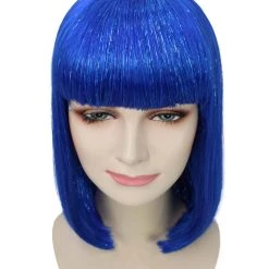 FLAGWIGS Women's Bright Blue Bob With Blue Tinsel | Sparkly Celebrity Halloween Wig | Premium Capless Cap