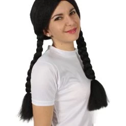 BC Adult Women's Black Color Braided Pigtails Shoulder Length Trendy Wednesday Wig | Breathable Standard Cap 18 BC Adult Women's Black Color Braided Pigtails Shoulder Length Trendy Wednesday Wig | Breathable Standard Cap