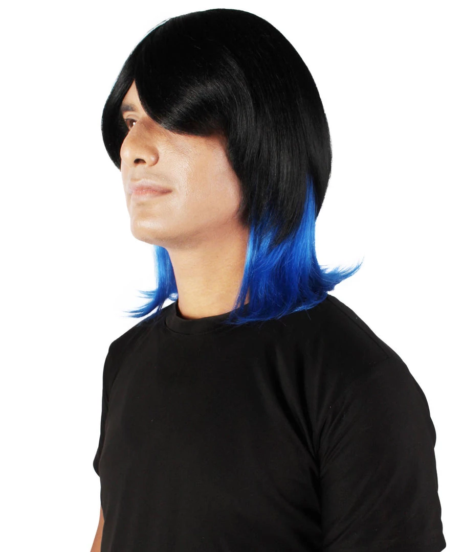 HPO Adult Men's Demon Beast Fighter Dark Long Black & Blue Wig 3 HPO Adult Men's Demon Beast Fighter Dark Long Black & Blue Wig