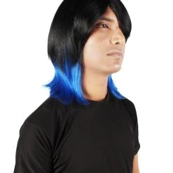 HPO Adult Men's Demon Beast Fighter Dark Long Black & Blue Wig 15 HPO Adult Men's Demon Beast Fighter Dark Long Black & Blue Wig