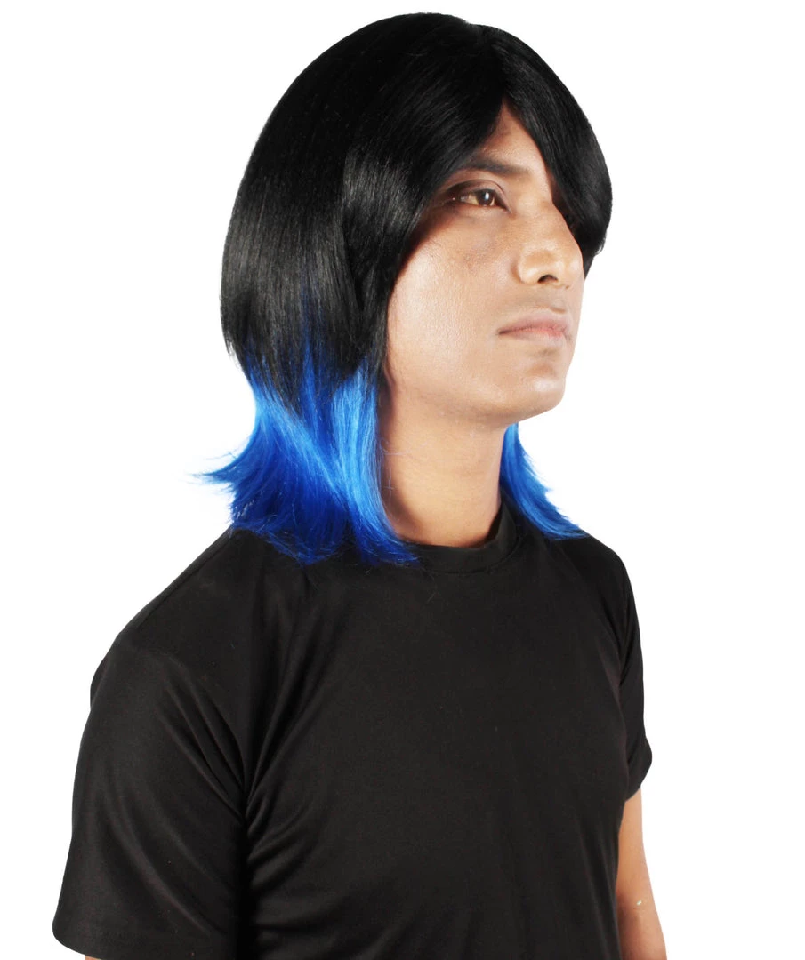 HPO Adult Men's Demon Beast Fighter Dark Long Black & Blue Wig 7 HPO Adult Men's Demon Beast Fighter Dark Long Black & Blue Wig