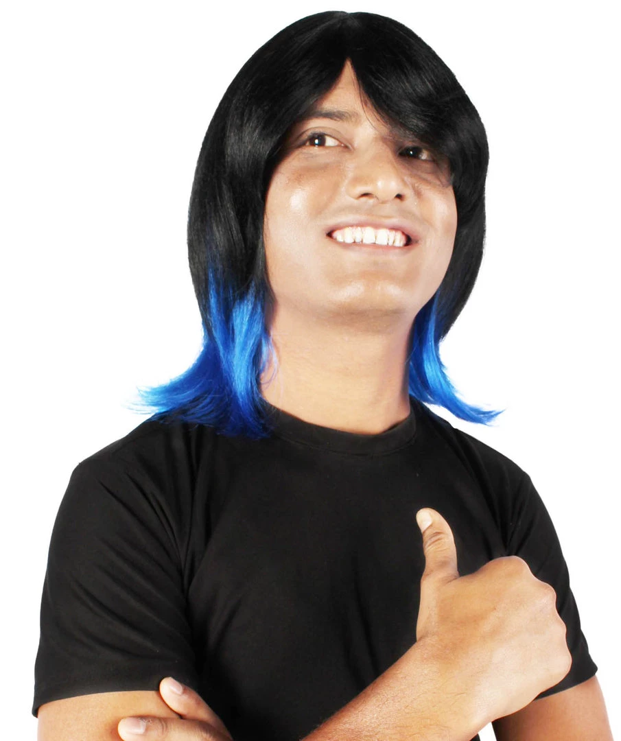 HPO Adult Men's Demon Beast Fighter Dark Long Black & Blue Wig 1 HPO Adult Men's Demon Beast Fighter Dark Long Black & Blue Wig