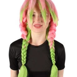 HPO Adult Women's Anime Cosplay Demon Hunter Rainbow Pink Braids And Bangs Wig