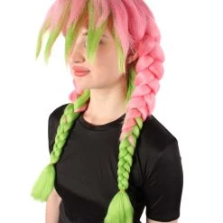 HPO Adult Women's Anime Cosplay Demon Hunter Rainbow Pink Braids And Bangs Wig