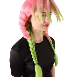 HPO Adult Women's Anime Cosplay Demon Hunter Rainbow Pink Braids And Bangs Wig