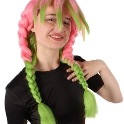 HPO Adult Women's Anime Cosplay Demon Hunter Rainbow Pink Braids And Bangs Wig