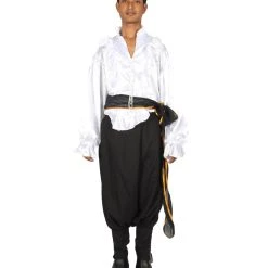 HPO Adult Men's Satin Ruffle Pirate 3Pc Costume | White & Black Halloween Costume
