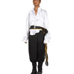 HPO Adult Men's Satin Ruffle Pirate 3Pc Costume | White & Black Halloween Costume