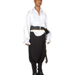 HPO Adult Men's Satin Ruffle Pirate 3Pc Costume | White & Black Halloween Costume