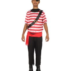 HPO Adult Men's Stripes Pirate Costume | Black, Red & White Halloween Costume