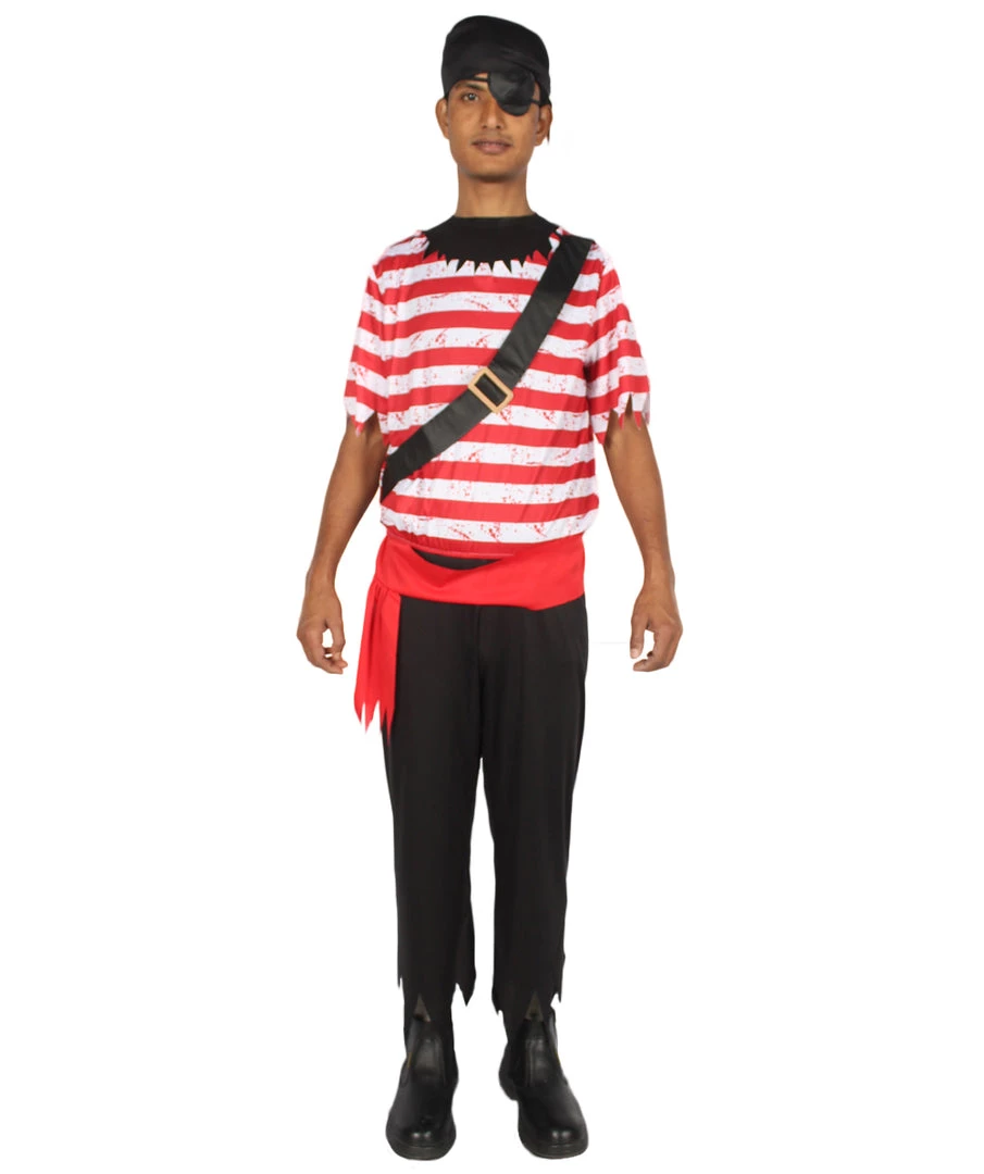 HPO Adult Men's Stripes Pirate Costume | Black, Red & White Halloween Costume 2 HPO Adult Men's Stripes Pirate Costume | Black, Red & White Halloween Costume