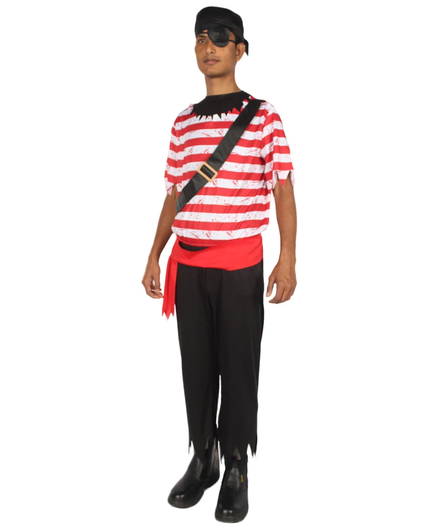 HPO Adult Men's Stripes Pirate Costume | Black, Red & White Halloween Costume 3 HPO Adult Men's Stripes Pirate Costume | Black, Red & White Halloween Costume