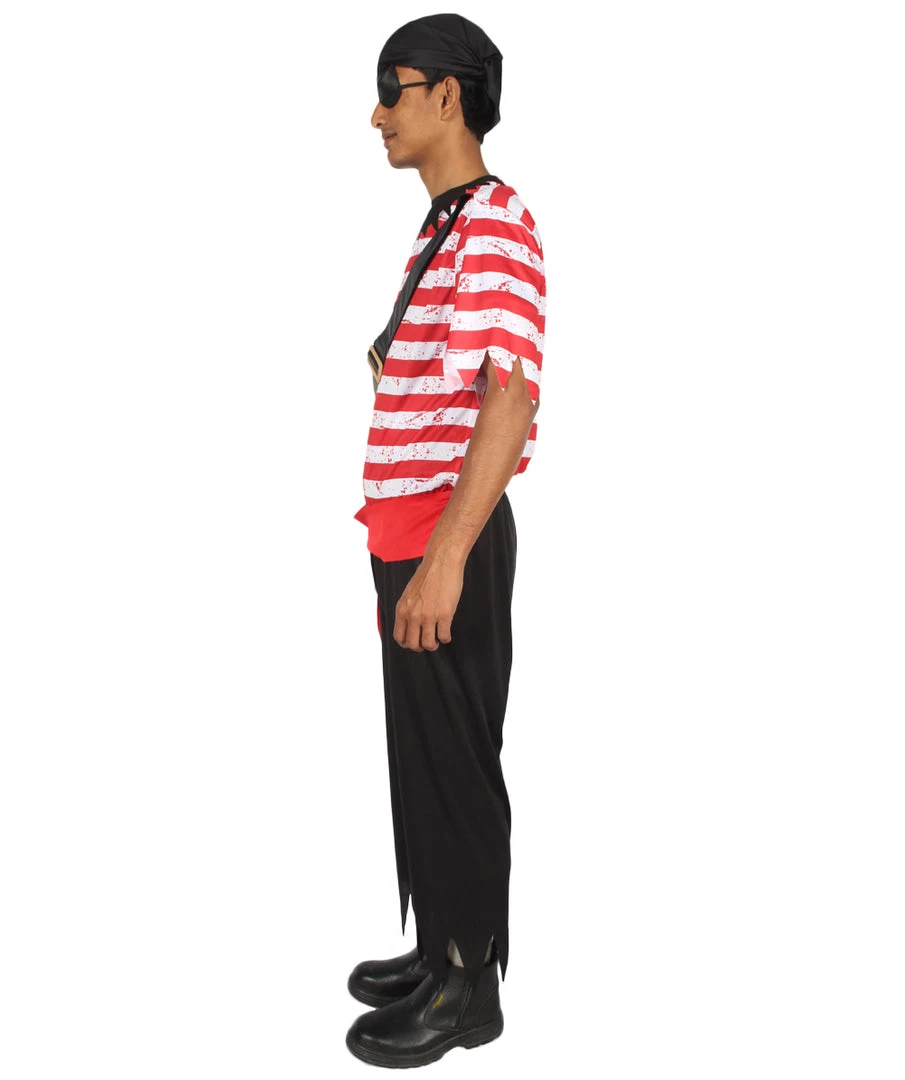 HPO Adult Men's Stripes Pirate Costume | Black, Red & White Halloween Costume 4 HPO Adult Men's Stripes Pirate Costume | Black, Red & White Halloween Costume