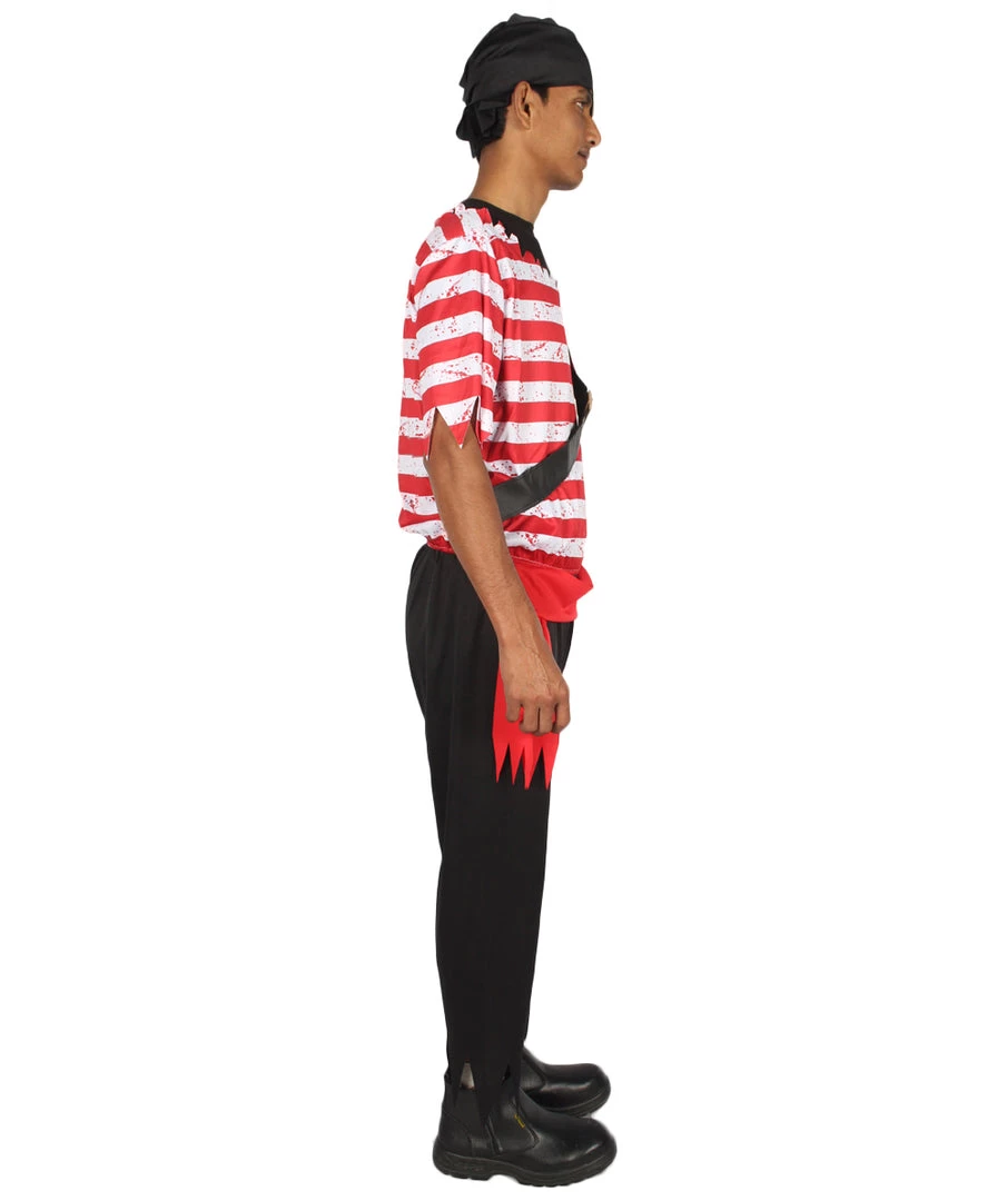 HPO Adult Men's Stripes Pirate Costume | Black, Red & White Halloween Costume 6 HPO Adult Men's Stripes Pirate Costume | Black, Red & White Halloween Costume