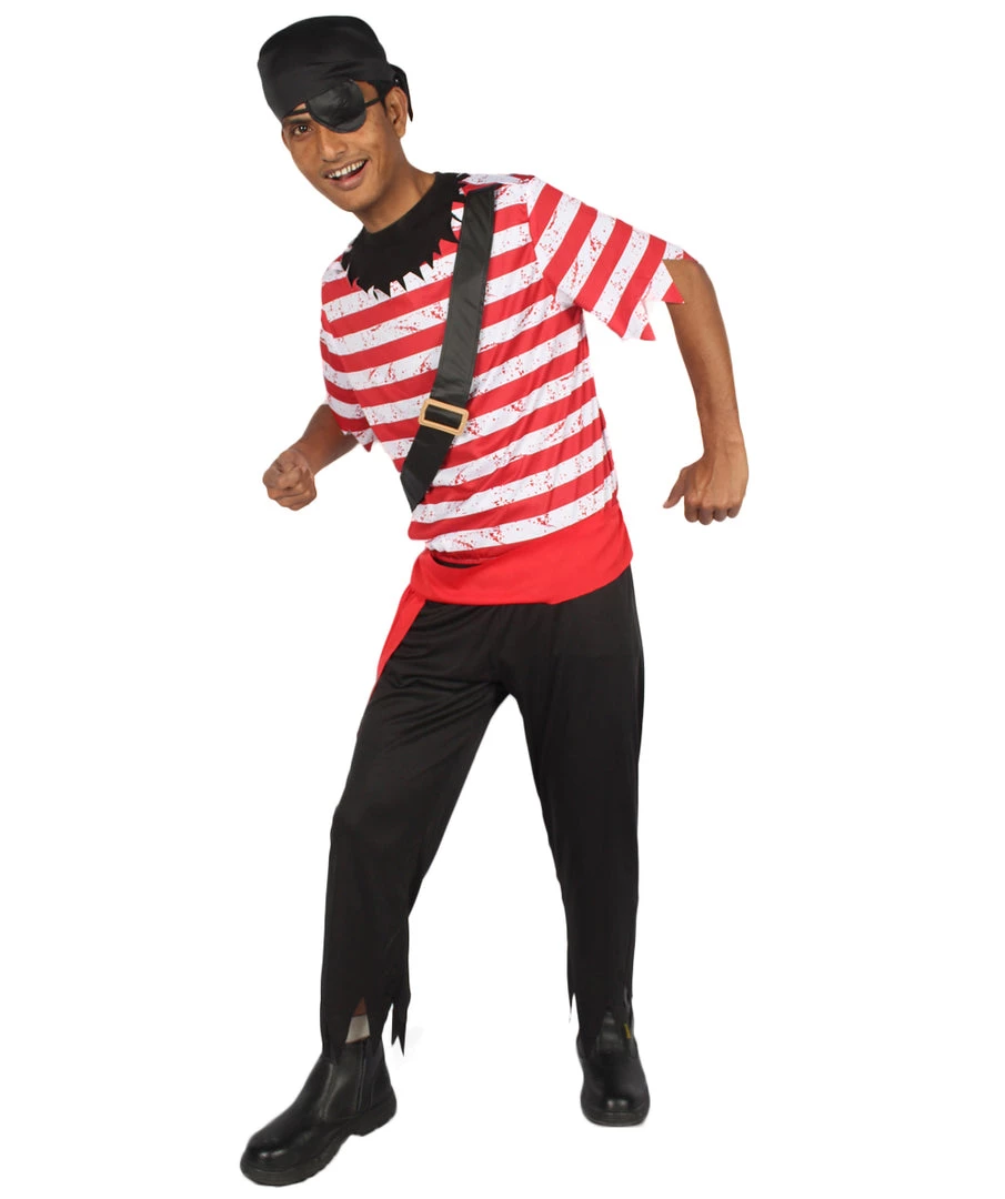 HPO Adult Men's Stripes Pirate Costume | Black, Red & White Halloween Costume 1 HPO Adult Men's Stripes Pirate Costume | Black, Red & White Halloween Costume