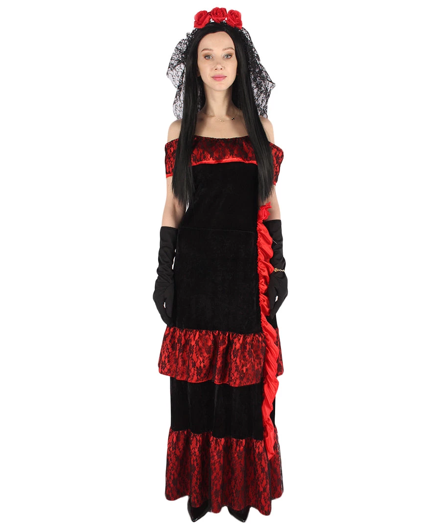 HPO Adult Women Day Of The Dead Bridal Costume | Black & Red Halloween Costume 2 HPO Adult Women Day Of The Dead Bridal Costume | Black & Red Halloween Costume