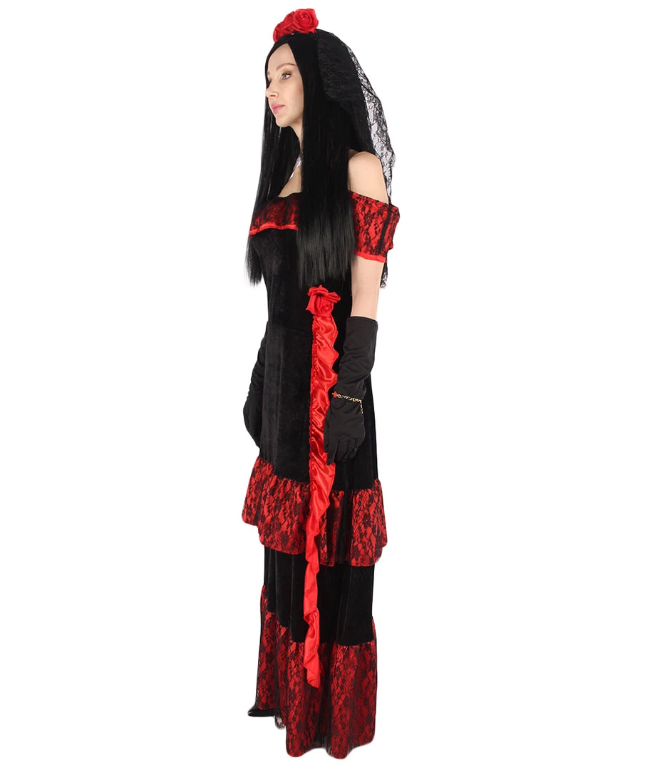 HPO Adult Women Day Of The Dead Bridal Costume | Black & Red Halloween Costume 3 HPO Adult Women Day Of The Dead Bridal Costume | Black & Red Halloween Costume