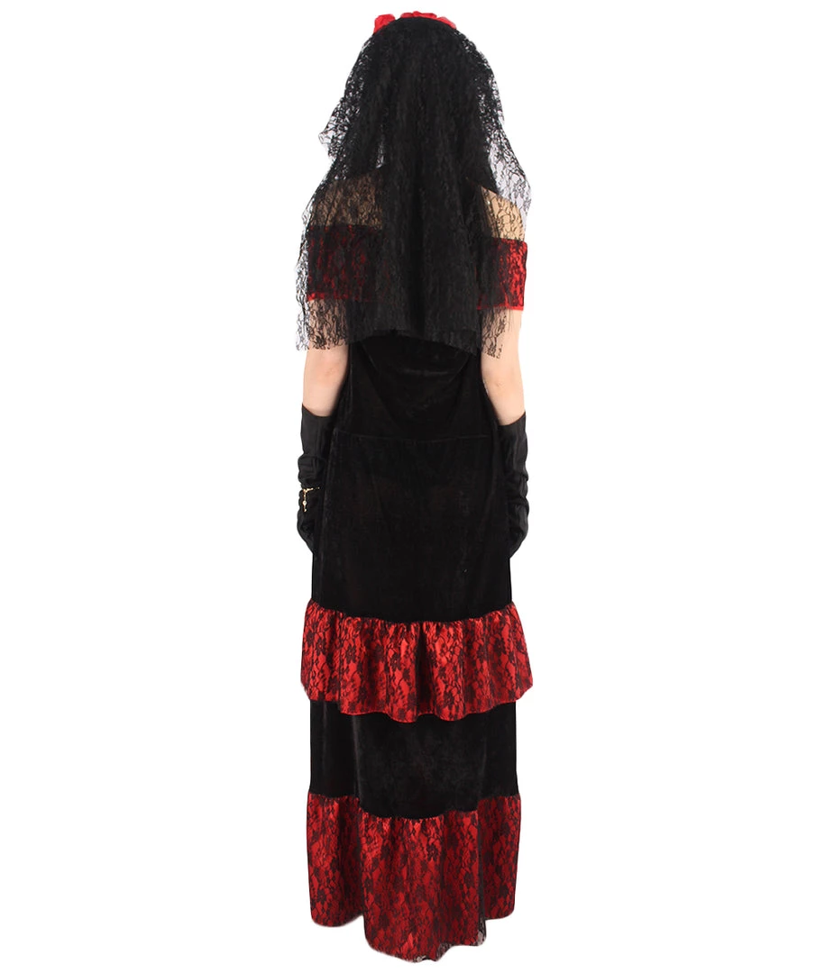 HPO Adult Women Day Of The Dead Bridal Costume | Black & Red Halloween Costume 5 HPO Adult Women Day Of The Dead Bridal Costume | Black & Red Halloween Costume