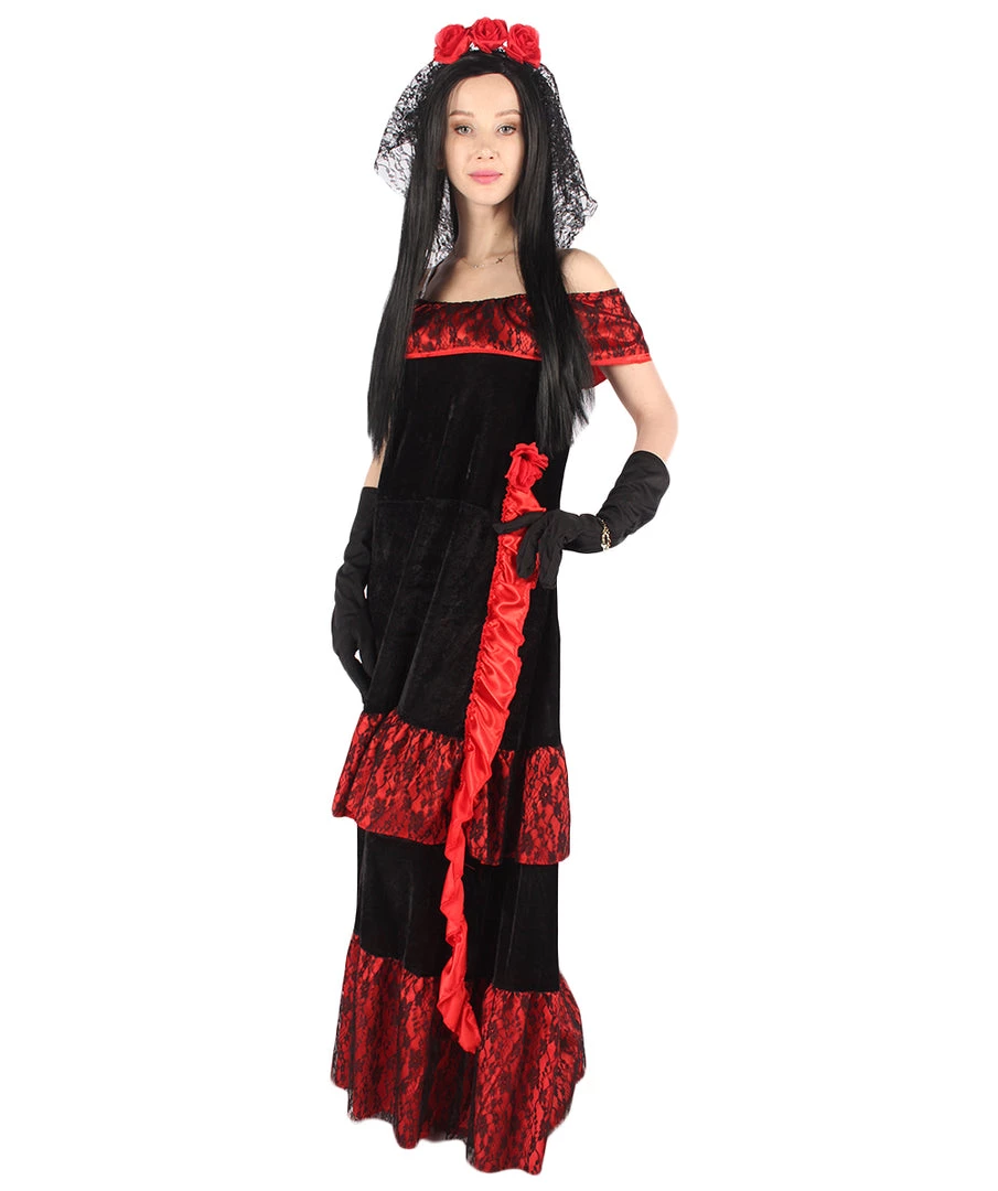 HPO Adult Women Day Of The Dead Bridal Costume | Black & Red Halloween Costume 1 HPO Adult Women Day Of The Dead Bridal Costume | Black & Red Halloween Costume