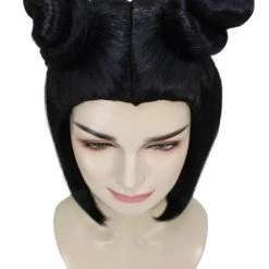 HPO Shoulder Length Double Bun Black Hair Women's Wig - Capless Cap Design 15 HPO Shoulder Length Double Bun Black Hair Women's Wig - Capless Cap Design