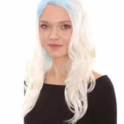 HPO Womens Long Wavy Two-tone Wig | Blue & White Colorful Wigs | Premium Breathable Capless Cap