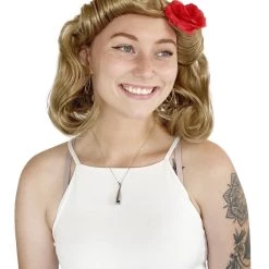 HPO Womens Pin Up Wig With Rose | Party Ready Fancy Blonde Cosplay Halloween Wig | Premium Breathable Capless Cap