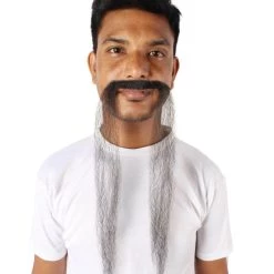 HPO Adult Men's Fake Human Hair Fu Manchu Mustache | Black