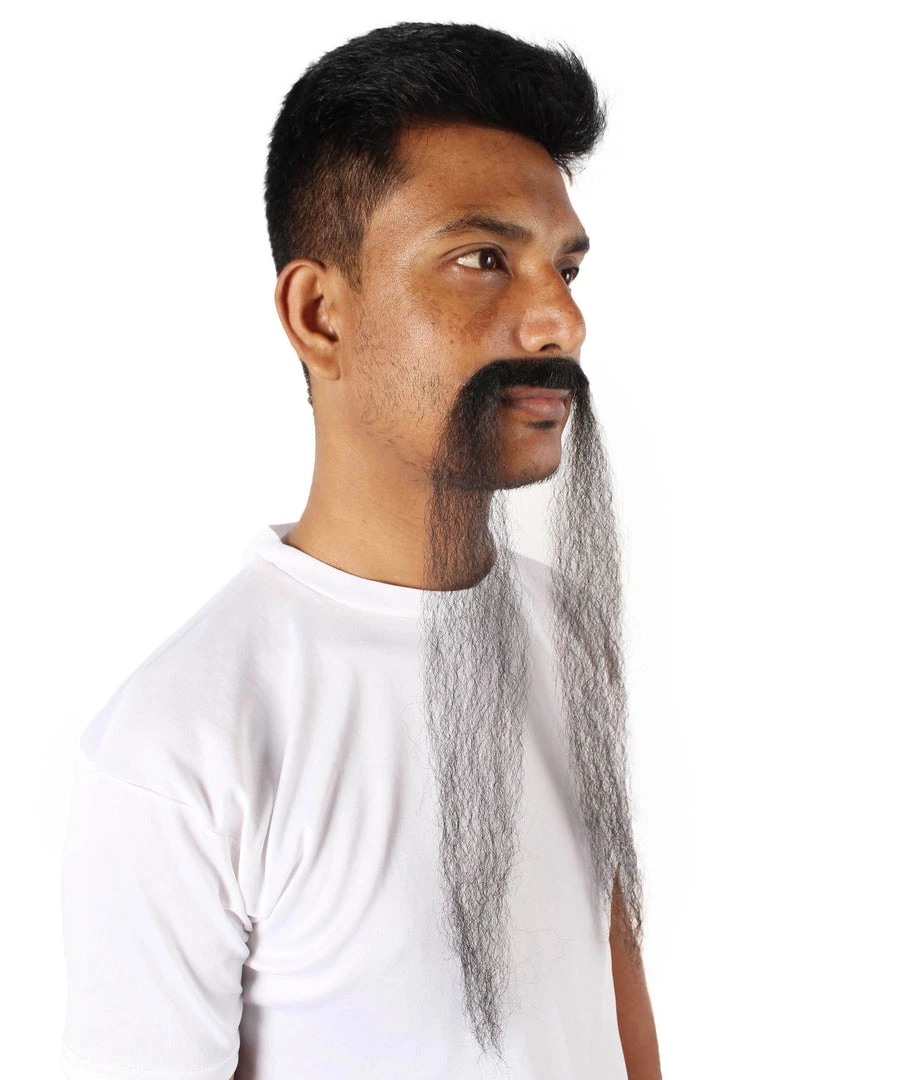 HPO Adult Men's Fake Human Hair Fu Manchu Mustache | Black 6 HPO Adult Men's Fake Human Hair Fu Manchu Mustache | Black