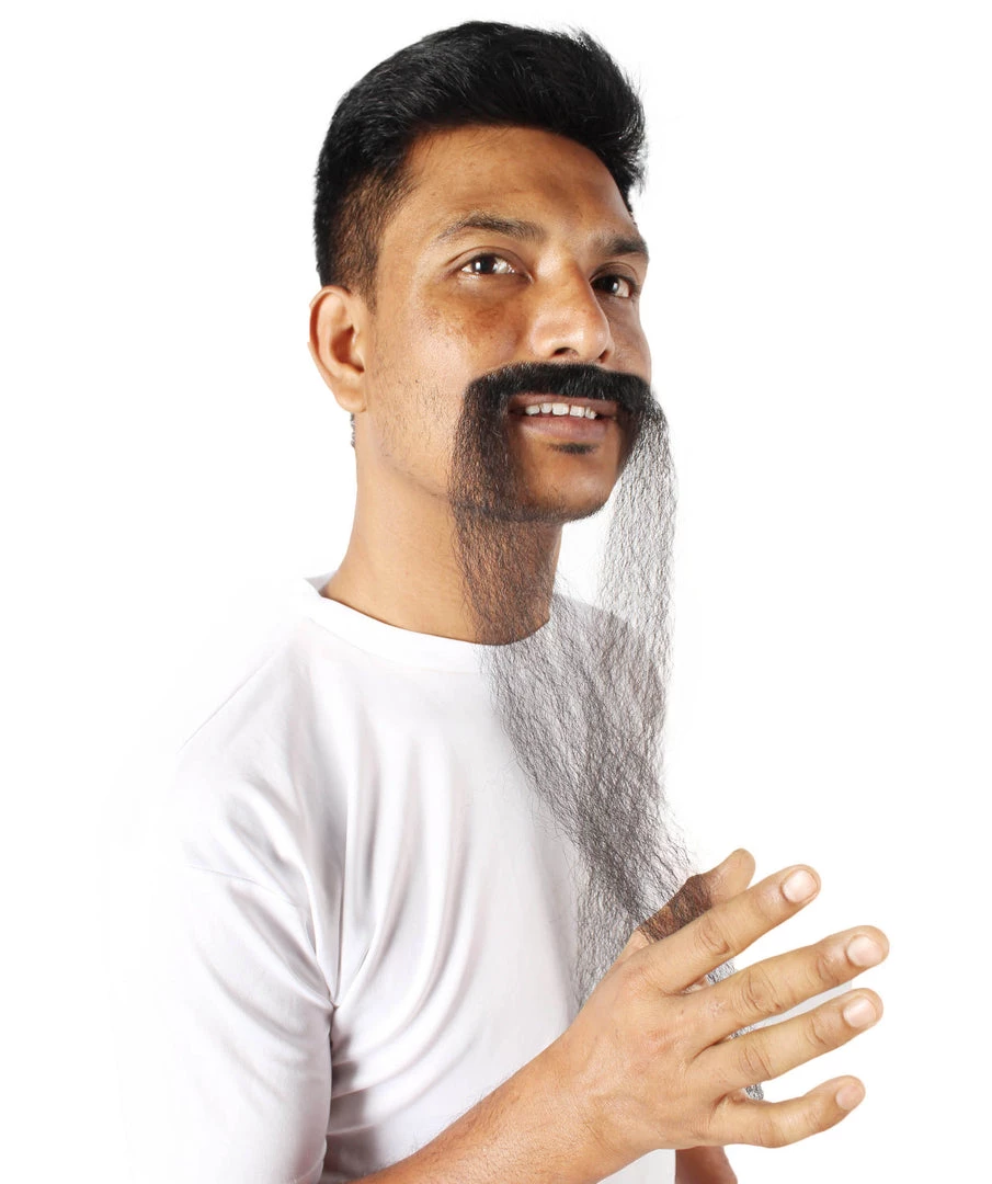 HPO Adult Men's Fake Human Hair Fu Manchu Mustache | Black 1 HPO Adult Men's Fake Human Hair Fu Manchu Mustache | Black
