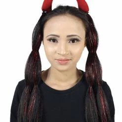 HPO Devil Horn Hair Clips | Women's Long Length Festive Devil Horn Hair Clips - Long Straight Black Hair - With Red Tinsel Strands