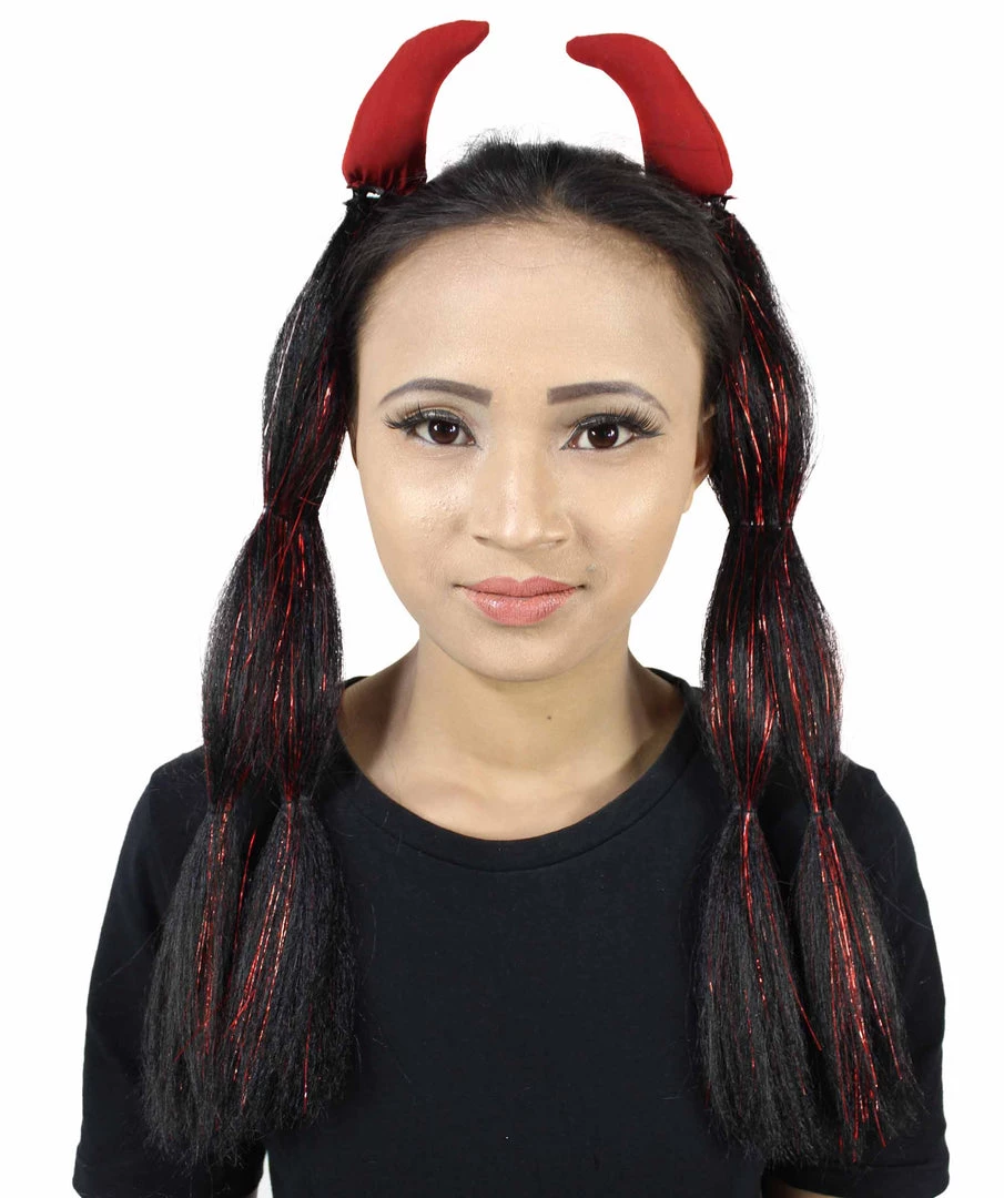 HPO Devil Horn Hair Clips | Women's Long Length Festive Devil Horn Hair Clips - Long Straight Black Hair - With Red Tinsel Strands 2 HPO Devil Horn Hair Clips | Women's Long Length Festive Devil Horn Hair Clips - Long Straight Black Hair - With Red Tinsel Strands