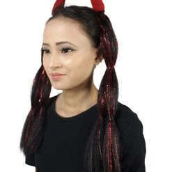 HPO Devil Horn Hair Clips | Women's Long Length Festive Devil Horn Hair Clips - Long Straight Black Hair - With Red Tinsel Strands 10 HPO Devil Horn Hair Clips | Women's Long Length Festive Devil Horn Hair Clips - Long Straight Black Hair - With Red Tinsel Strands