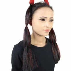 HPO Devil Horn Hair Clips | Women's Long Length Festive Devil Horn Hair Clips - Long Straight Black Hair - With Red Tinsel Strands 13 HPO Devil Horn Hair Clips | Women's Long Length Festive Devil Horn Hair Clips - Long Straight Black Hair - With Red Tinsel Strands