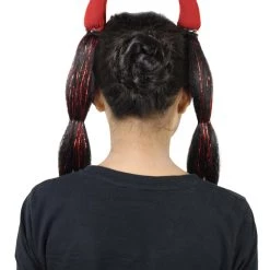 HPO Devil Horn Hair Clips | Women's Long Length Festive Devil Horn Hair Clips - Long Straight Black Hair - With Red Tinsel Strands 15 HPO Devil Horn Hair Clips | Women's Long Length Festive Devil Horn Hair Clips - Long Straight Black Hair - With Red Tinsel Strands