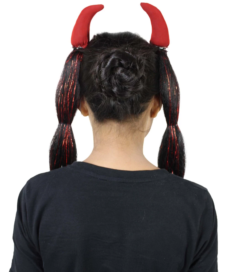 HPO Devil Horn Hair Clips | Women's Long Length Festive Devil Horn Hair Clips - Long Straight Black Hair - With Red Tinsel Strands 8 HPO Devil Horn Hair Clips | Women's Long Length Festive Devil Horn Hair Clips - Long Straight Black Hair - With Red Tinsel Strands