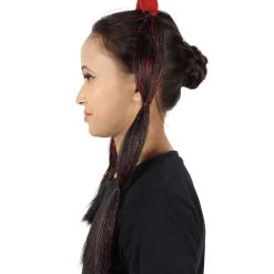 HPO Devil Horn Hair Clips | Women's Long Length Festive Devil Horn Hair Clips - Long Straight Black Hair - With Red Tinsel Strands 12 HPO Devil Horn Hair Clips | Women's Long Length Festive Devil Horn Hair Clips - Long Straight Black Hair - With Red Tinsel Strands