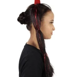 HPO Devil Horn Hair Clips | Women's Long Length Festive Devil Horn Hair Clips - Long Straight Black Hair - With Red Tinsel Strands 14 HPO Devil Horn Hair Clips | Women's Long Length Festive Devil Horn Hair Clips - Long Straight Black Hair - With Red Tinsel Strands