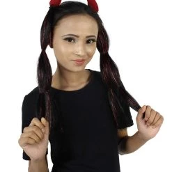 HPO Devil Horn Hair Clips | Women's Long Length Festive Devil Horn Hair Clips - Long Straight Black Hair - With Red Tinsel Strands