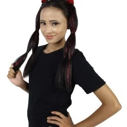 HPO Devil Horn Hair Clips | Women's Long Length Festive Devil Horn Hair Clips - Long Straight Black Hair - With Red Tinsel Strands 11 HPO Devil Horn Hair Clips | Women's Long Length Festive Devil Horn Hair Clips - Long Straight Black Hair - With Red Tinsel Strands