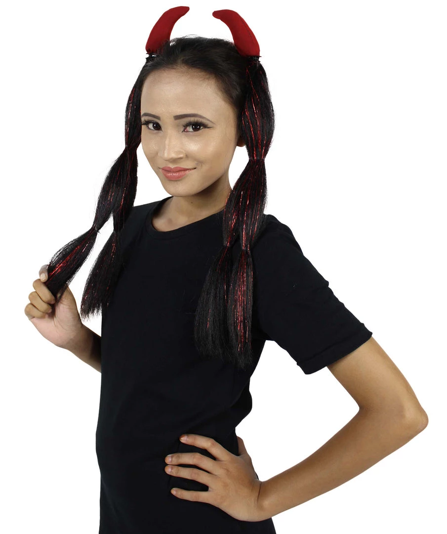 HPO Devil Horn Hair Clips | Women's Long Length Festive Devil Horn Hair Clips - Long Straight Black Hair - With Red Tinsel Strands 4 HPO Devil Horn Hair Clips | Women's Long Length Festive Devil Horn Hair Clips - Long Straight Black Hair - With Red Tinsel Strands