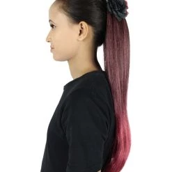 HPO Dotd Hair Clips | Women's Long Length Day Of The Dead Hair Clips - Long Straight Black Hair - With Red Tinsel Strands And Colorful Flowers