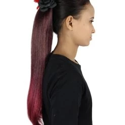 HPO Dotd Hair Clips | Women's Long Length Day Of The Dead Hair Clips - Long Straight Black Hair - With Red Tinsel Strands And Colorful Flowers