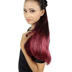 HPO Dotd Hair Clips | Women's Long Length Day Of The Dead Hair Clips - Long Straight Black Hair - With Red Tinsel Strands And Colorful Flowers