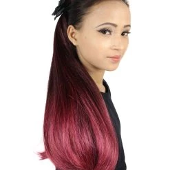 HPO Dotd Hair Clips | Women's Long Length Day Of The Dead Hair Clips - Long Straight Black Hair - With Red Tinsel Strands And Colorful Flowers