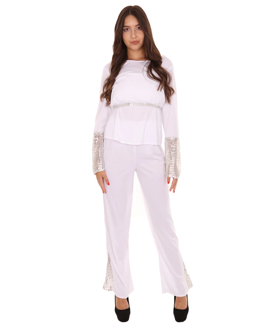 HPO Adult Women's 70s Retro Hippie Groovy Dancing Costume | White Cosplay Costume 1 HPO Adult Women's 70s Retro Hippie Groovy Dancing Costume | White Cosplay Costume