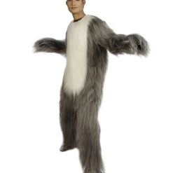 HPO Furry Dog Collection | Men's White And Grey Straight Long Furry Dog Costume With Tail | Cosplay Costume
