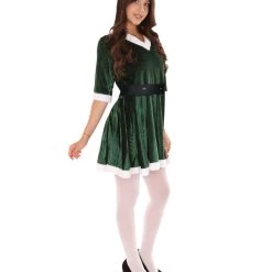 HPO Adult Women's Mrs Santa Claus Hooded Dress With Belt Costume | Green Halloween Costume